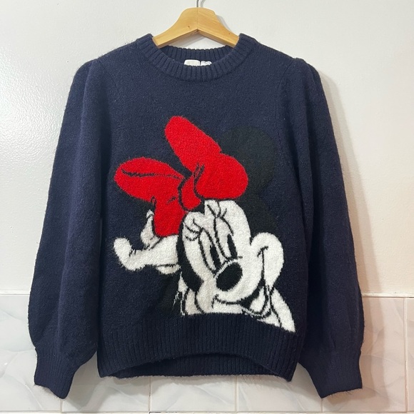 H&M x Disney Minnie Mouse XS Womens Navy Balloon Sleeve Cropped Sweater - Picture 1 of 6